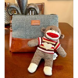 FUNKY MONKEY-"Erika" Wristlet/Cosmetic Bag in Tweed & Faux Leather/BONUS MONKEY